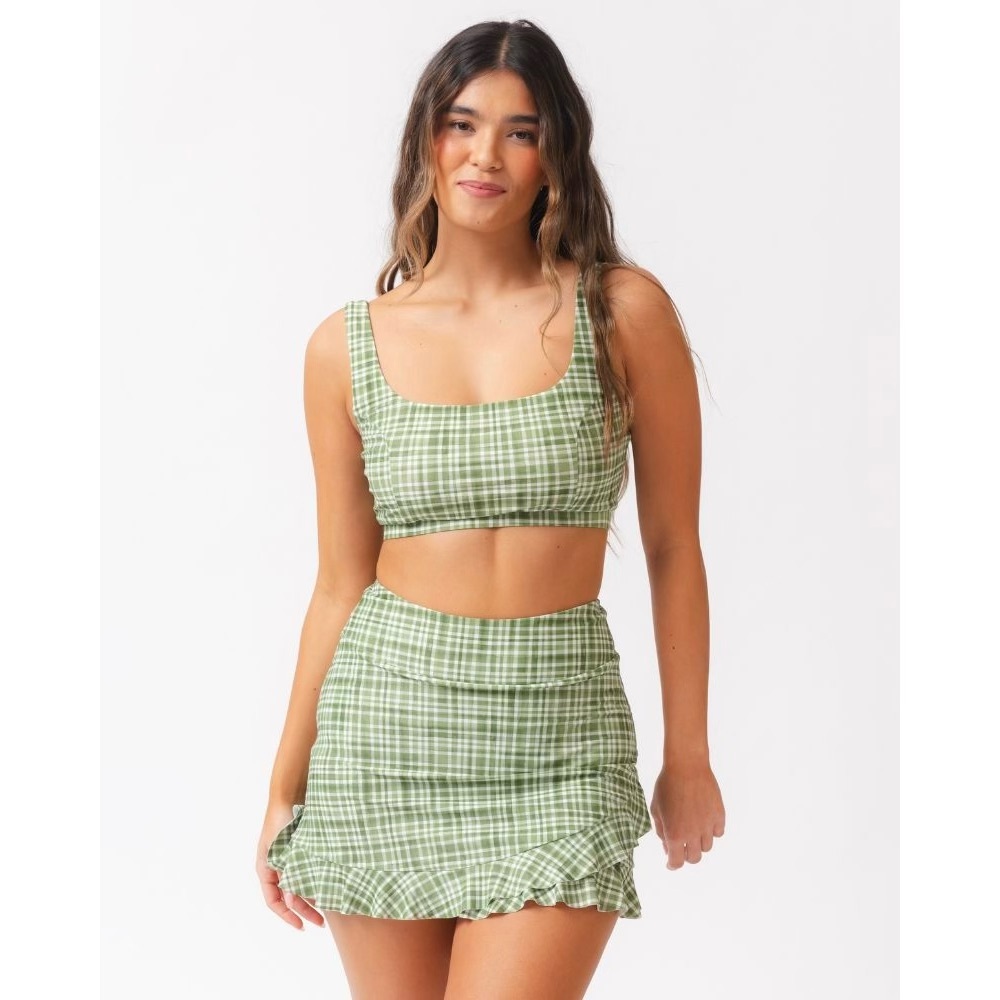 Green Plaid Ruffle Hem Bikini Top & Skirt Set